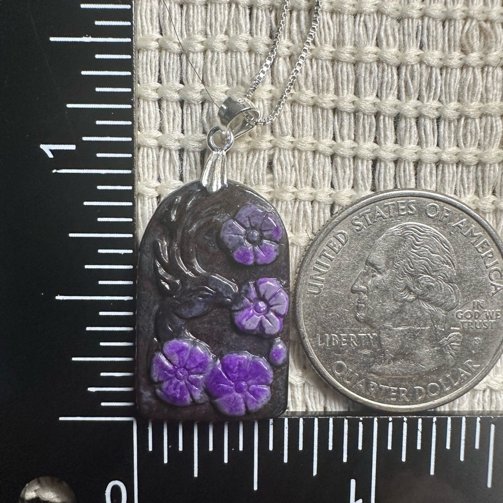 Arch Shaped Deer and Flowers Sugilite Pendant on Sterling Silver Box Chain - Picture 16 of 16